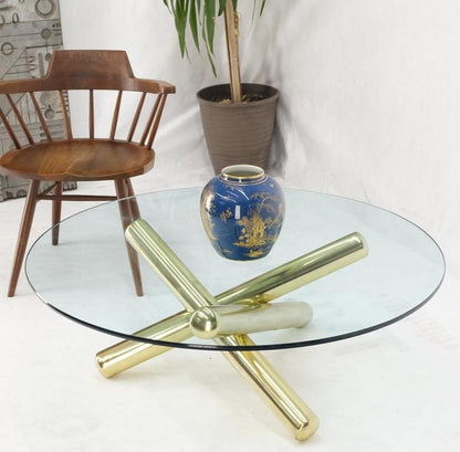 Large Thick Brass Spikes to Form Jack Tripod Base Round Glass Top Coffee Table