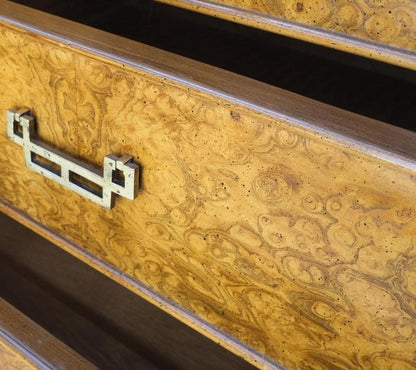 Burl Wood Black Ebonized Border 9 Drawers Long Dresser Credenza Brass Pulls Mint