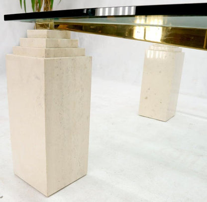 Square Travertine Legs Brass X Shape Base Glass Top Coffee Table