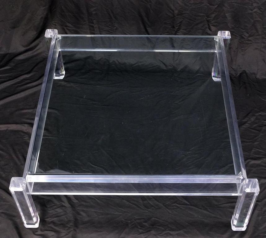 Mid Century Modern Thick Polished Lucite Base Glass Top Square Coffee Table