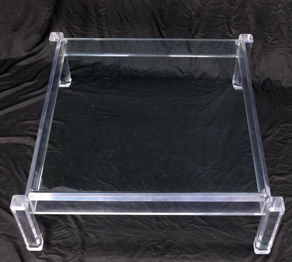 Mid Century Modern Thick Polished Lucite Base Glass Top Square Coffee Table
