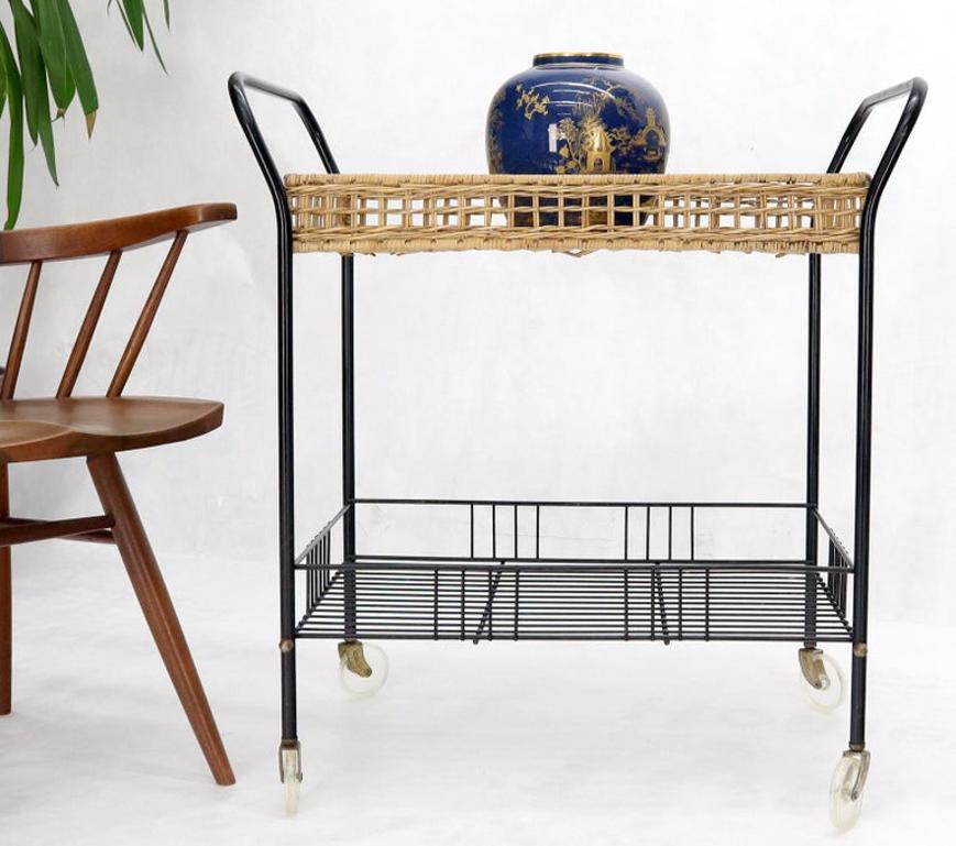 Wicker & Bent Steel Mid-Century Modern Serving Cart Side Table on Wheels