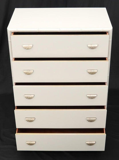 Faux bamboo off white lacquer scallop shape art deco pulls high chest dresser.
