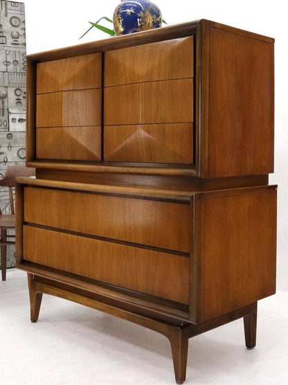 Diamond Front Walnut Mid-Century Modern Double High Chest Dresser