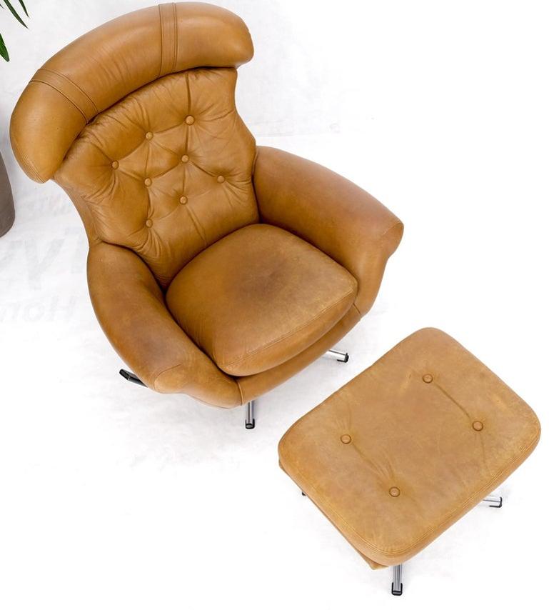 Mid-Century Modern Tan Leather Egg Style Wide Back Lounge Chair & Ottoman