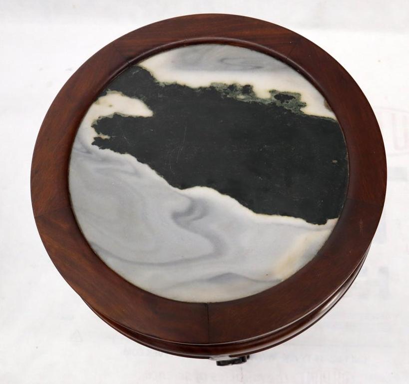 Chinese Carved Dark Rosewood Marble Top Round Stand