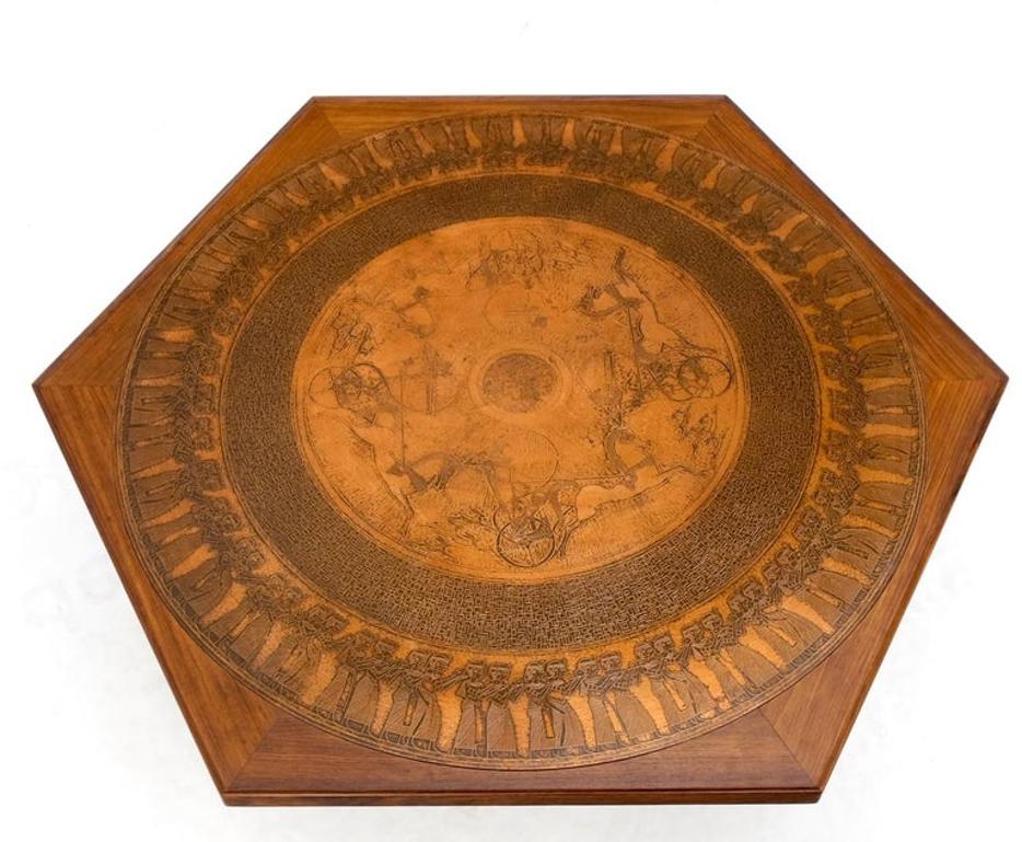 Large Hexagon Walnut & Egyptian Motif Copper Minting Top Coffee Table Ebonized
