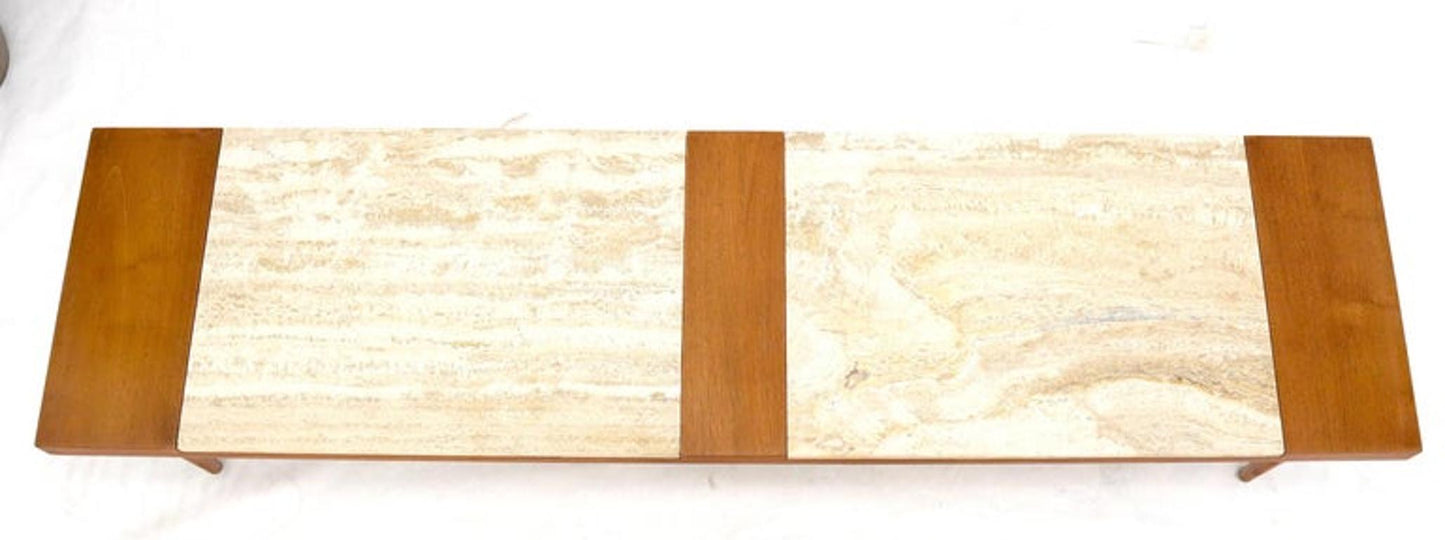 Long Rectangular Walnut Coffee Table w/ Two Travertine Inserts