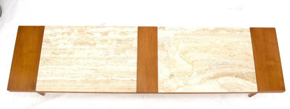 Long Rectangular Walnut Coffee Table w/ Two Travertine Inserts