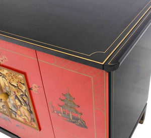 Black Red Lacquer Two Tone Cabinet Bachelor Chest Rolled Edge bracket Feet