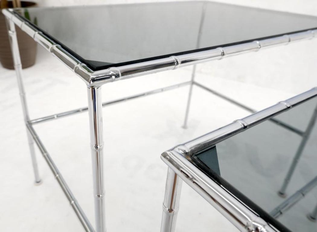 Pair of Chrome Faux Bamboo Smoked Glass Tops Nesting Tables