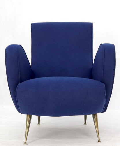 New Navy Blue Upholstery Italian Mid-Century Modern Lounge Chair on Brass Legs