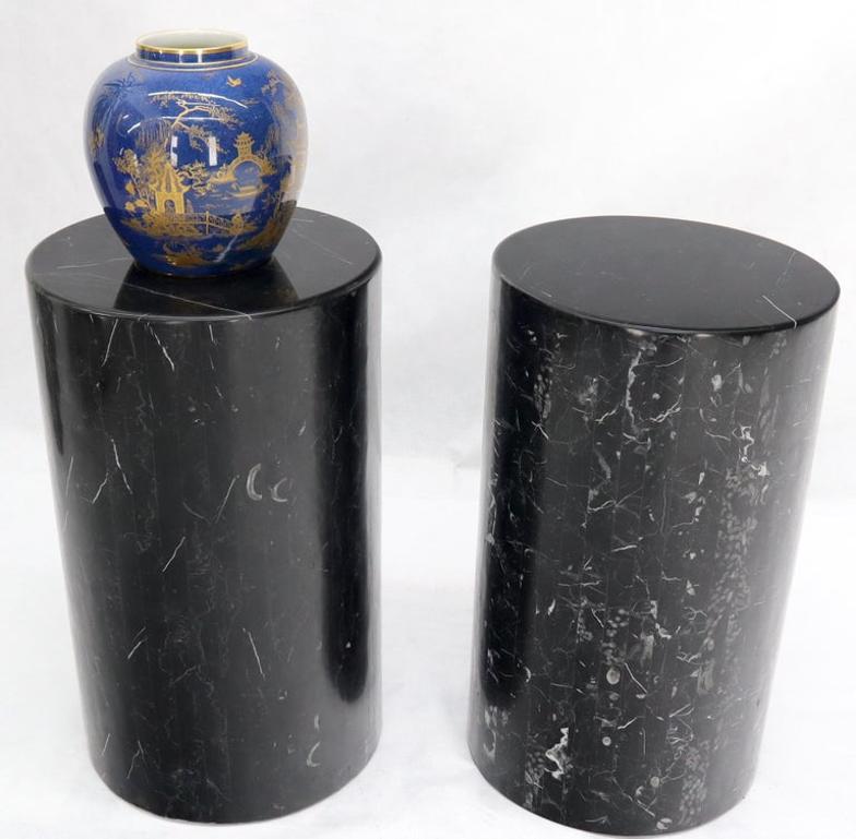 Pair of Black Marble Stone Veneer Sheeted Tiled Round Cylinder Pedestals