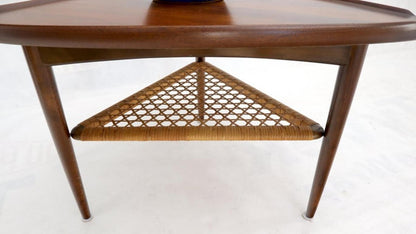 Rounded Triangular Shape Danish Mid-Century Modern Side Occasional Table Cane