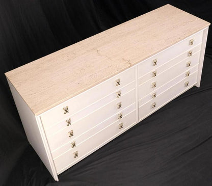 Paul Frankl for Johnson White Wash Marble Top 10 Drawers Dresser Brass x Pulls