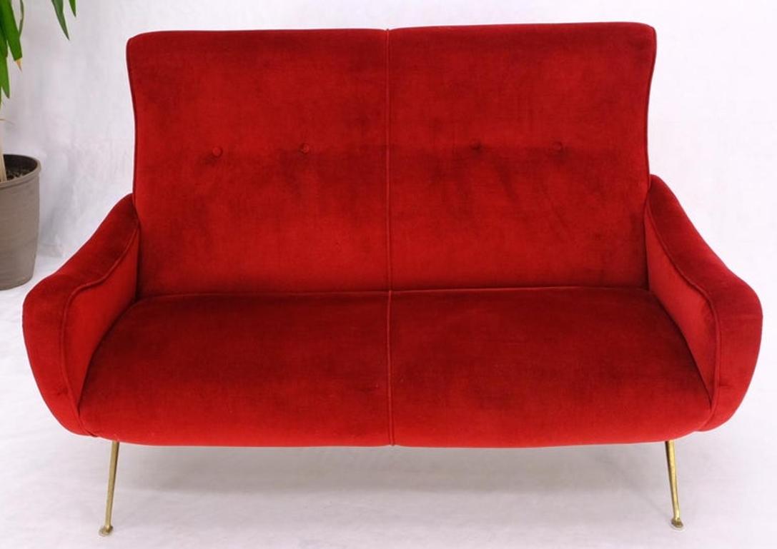 Red Upholstery Brass Legs Mid century Italian Modern Sofa Loveseat