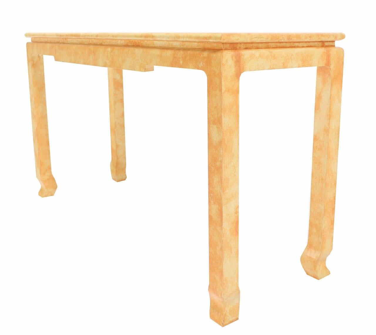 EstablishedLines Mid Century Modern Beige Faux Parchment Gloss Finish Lacquer Console Sofa Table