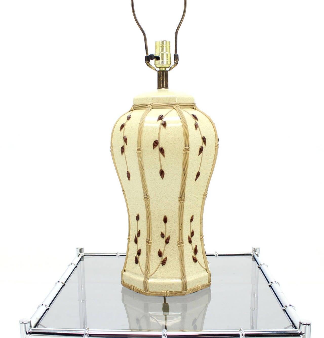 EstablishedLines Faux Bamboo Motive Art Pottery Decorated Mid-Century Modern Ceramic Lamp MITN!