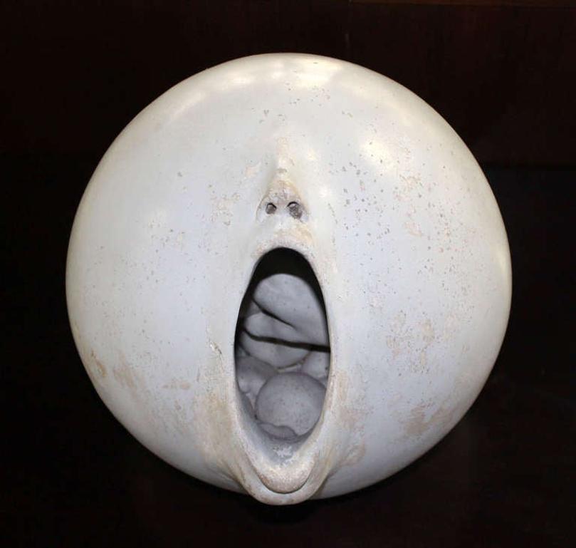 EstablishedLines Mid Century Modern Ball Shape Face Open Mouth Pottery Sculpture Signed Dated1972