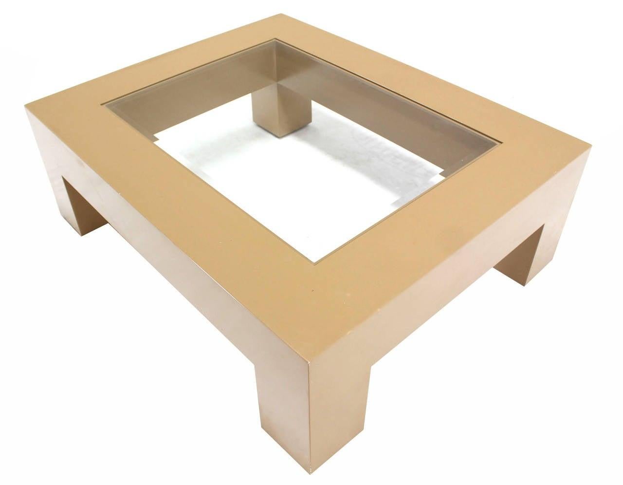 EstablishedLines Heavy Thick Square Legs  Beige Lacquer Base Glass Top Rectangle Coffee Table