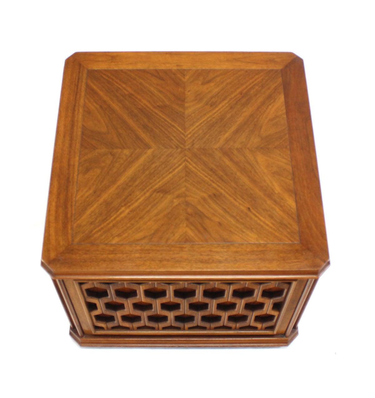EstablishedLines Walnut Carved Honeycomb Pattern One Door Cube Square Shape Side End Table Stand
