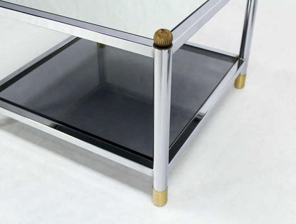 EstablishedLines Pair Square Chrome & Brass Smoked Glass Shelf Mirrored Top End Side Tables MINT!