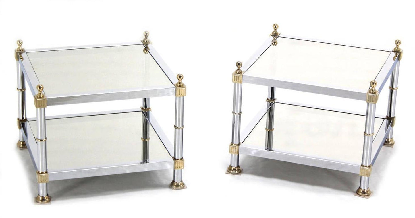 EstablishedLines Pair of Chrome Brass and Smoked Glass Square End or Side Lamp Tables Stands Mint