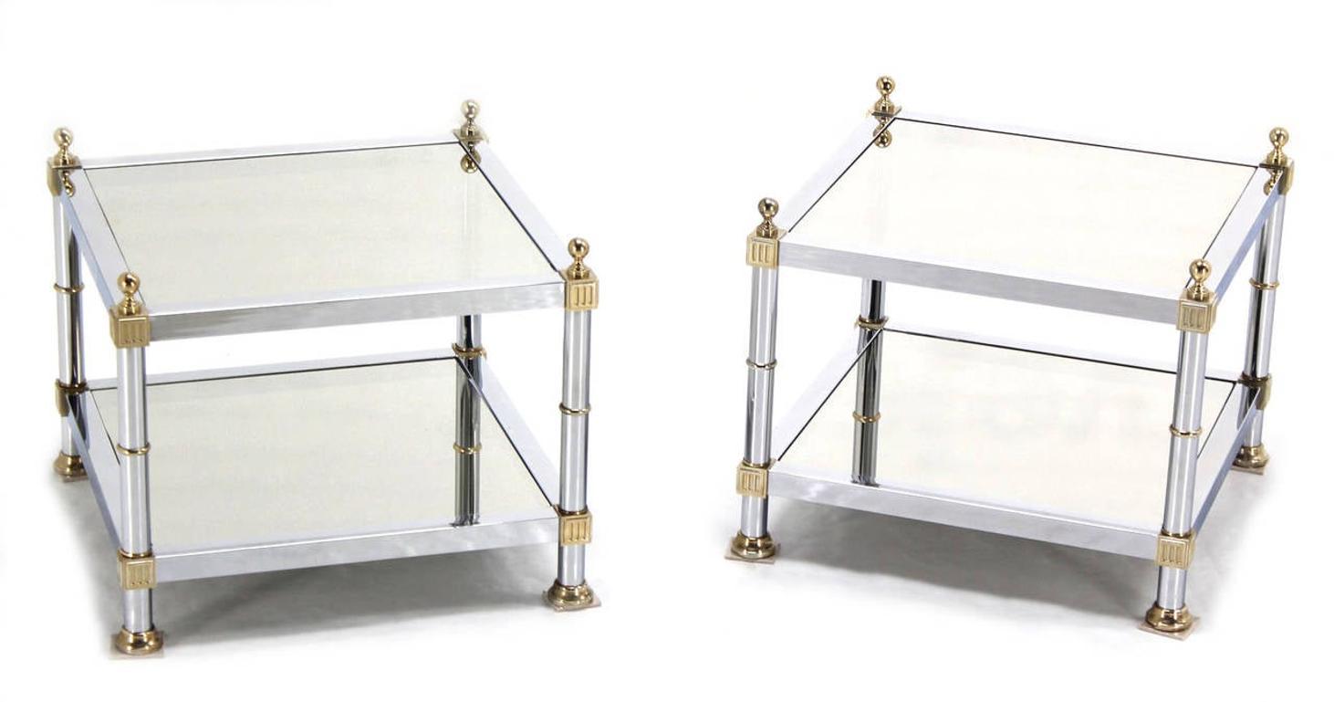 EstablishedLines Pair of Chrome Brass and Smoked Glass Square End or Side Lamp Tables Stands Mint
