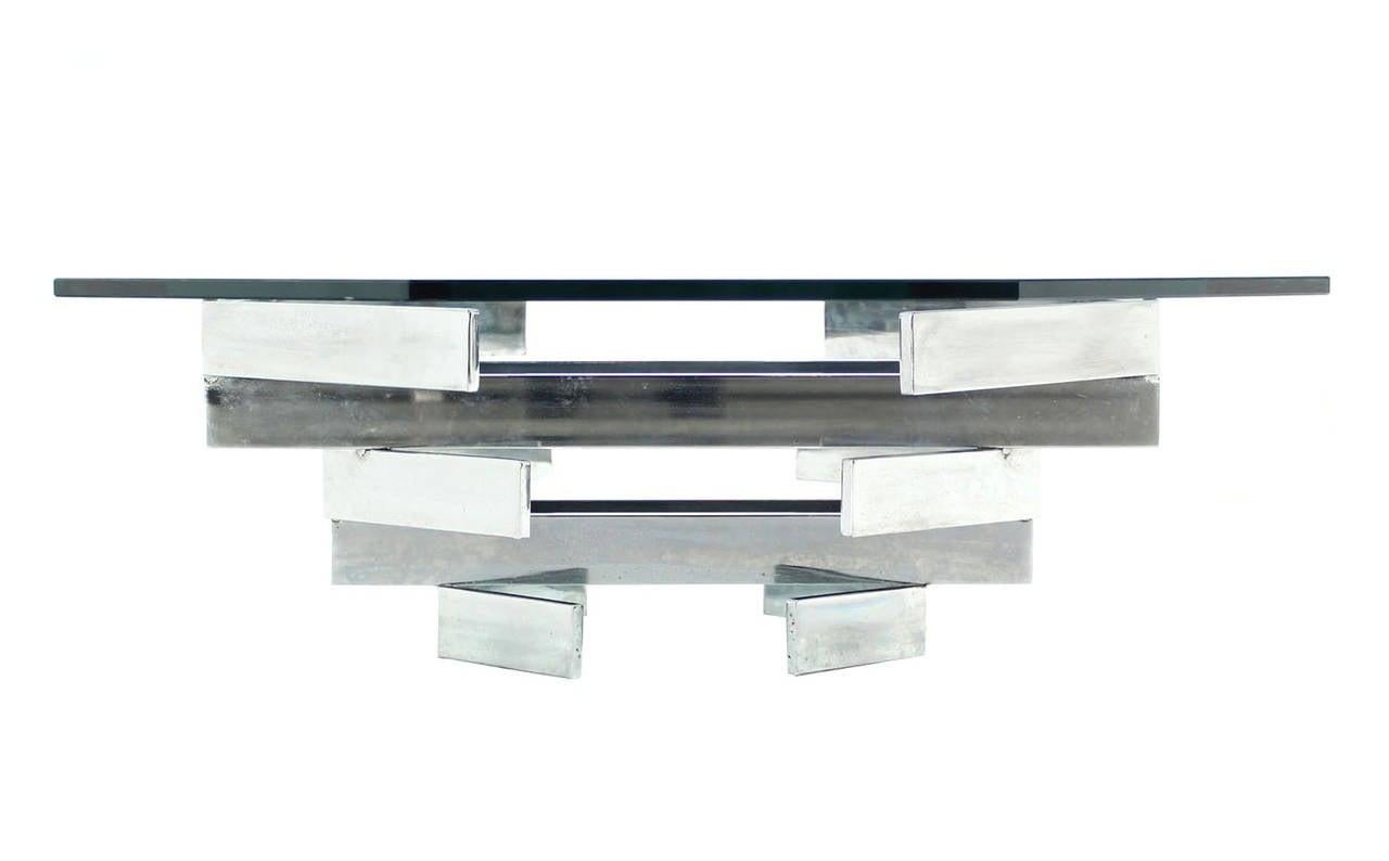 EstablishedLines Mid Century Modern Heavy "Stacked" Chrome Base Octagonal Glass Top Coffee Table
