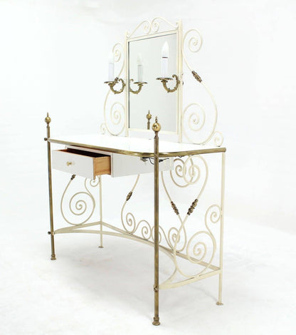 EstablishedLines Decorative Vanity Dressing Table Milk Glass Top Metal Scroll Brass Hardware