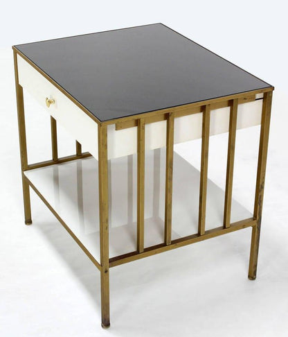 EstablishedLines Solid Brass Mid Century Modern End Side Table One Drawer Stand Smoked Glass Top