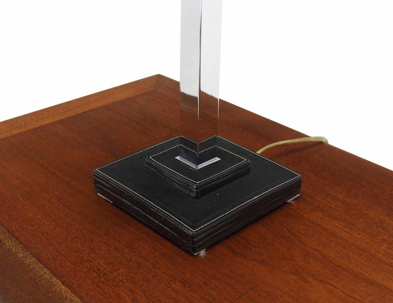 EstablishedLines Pair of Chrome Stitched Square Leather Bases  Modern Table Lamps by Nessen MINT