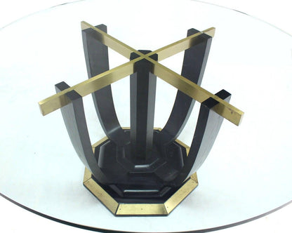 EstablishedLines Large Round Glass Top Figural Black Lacquer Bent Wood Brass Base Dining Table