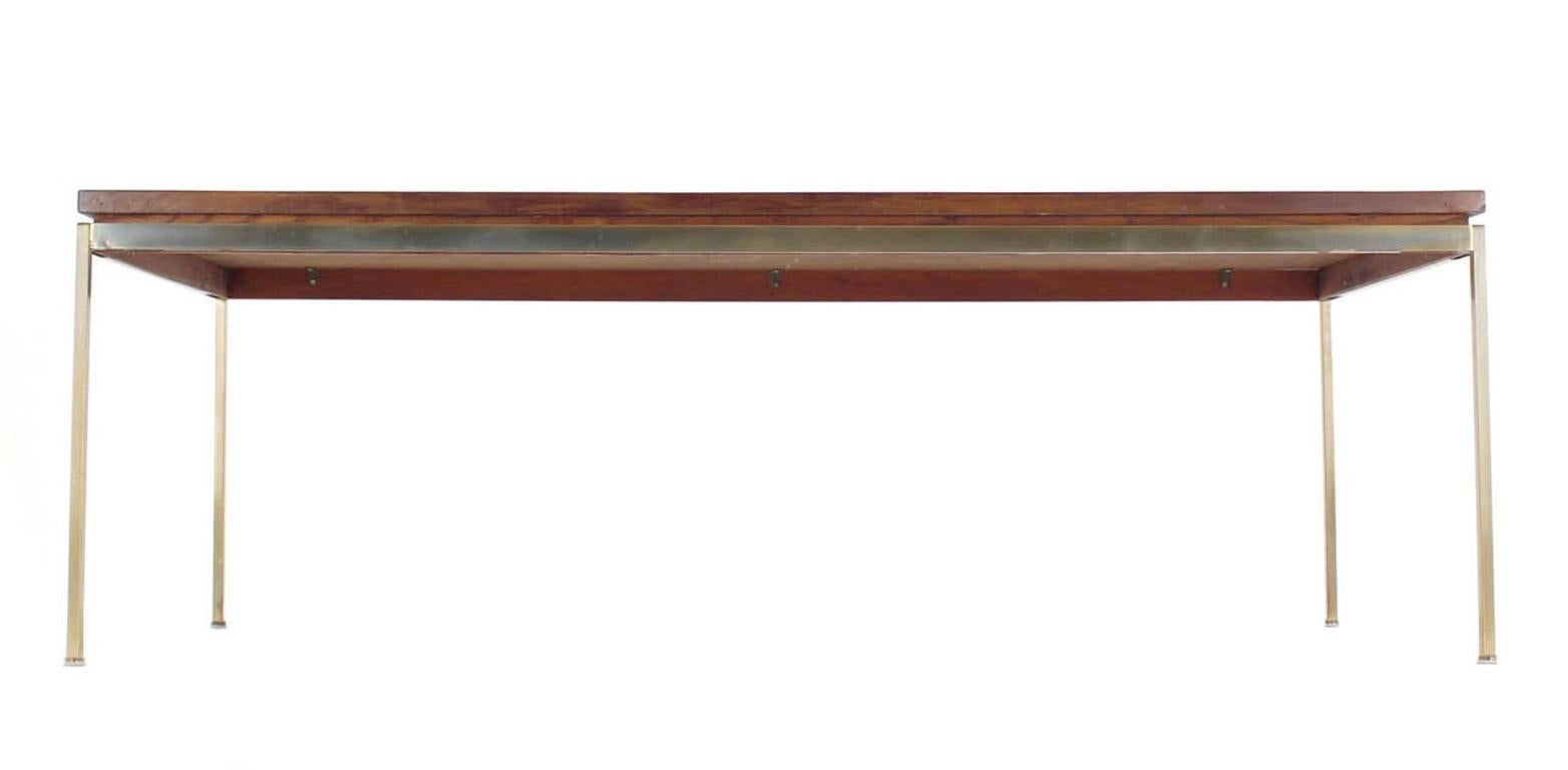 EstablishedLines Mid Century Modern Large Rectangle Brass Base Parquet Top Coffee Table MINT!