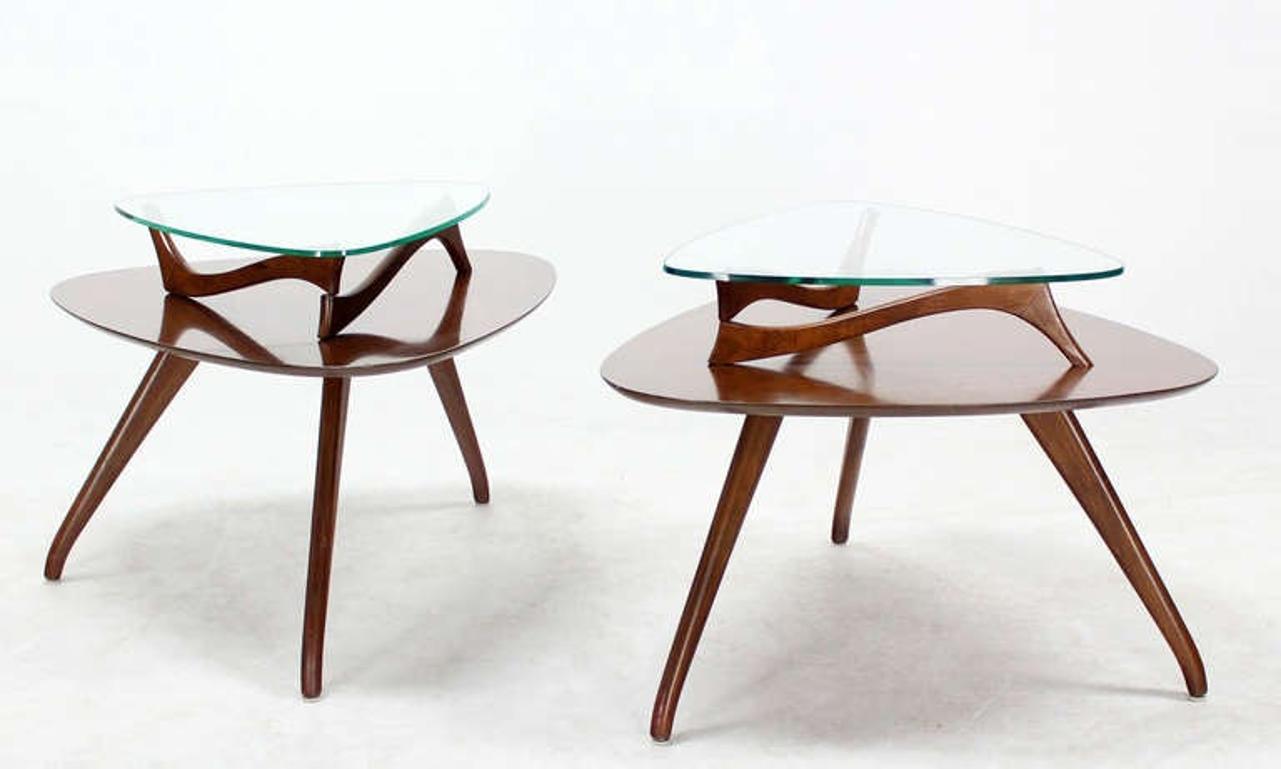 EstablishedLines Pair of Organic Shape Rounded Triangle End Tables with floating  Glass Tops MINT