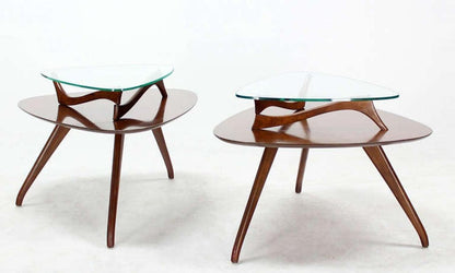 EstablishedLines Pair of Organic Shape Rounded Triangle End Tables with floating  Glass Tops MINT