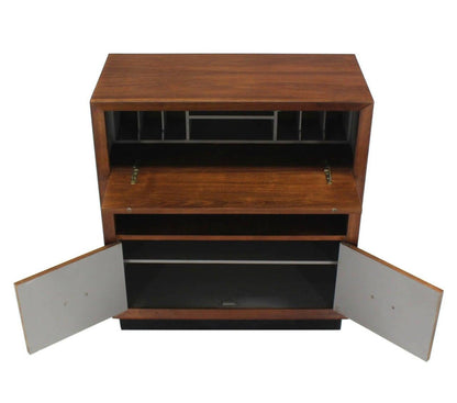 EstablishedLines Oiled Medium Walnut Mid Century Modern Art Deco Drop Down Desk Secretary Cabinet