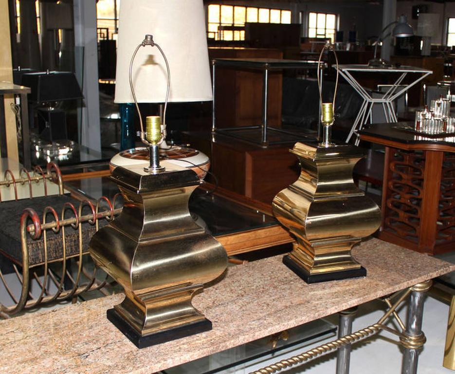 EstablishedLines Pair Modern Figural Sculptural Profile Square Base Polished Brass Table Lamps