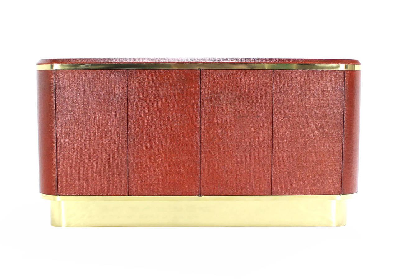 Grass Cloth Brass Credenza 4 Doors Cabinet Sideboard Red Brick Color MINT!