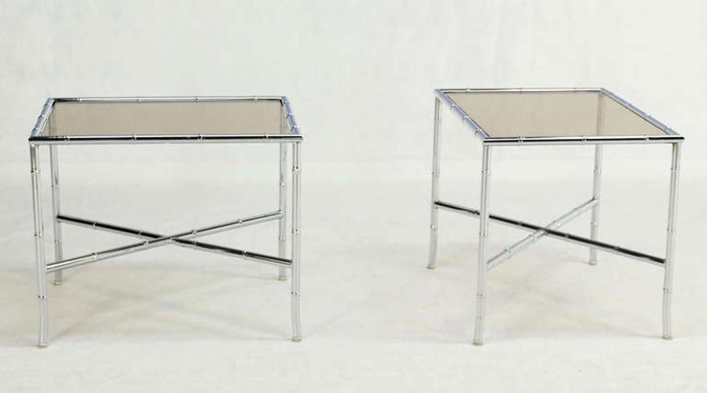 EstablishedLines Pair of Faux Bamboo X Shape Bases  Chrome and Smoked Glass End Tables MINT!