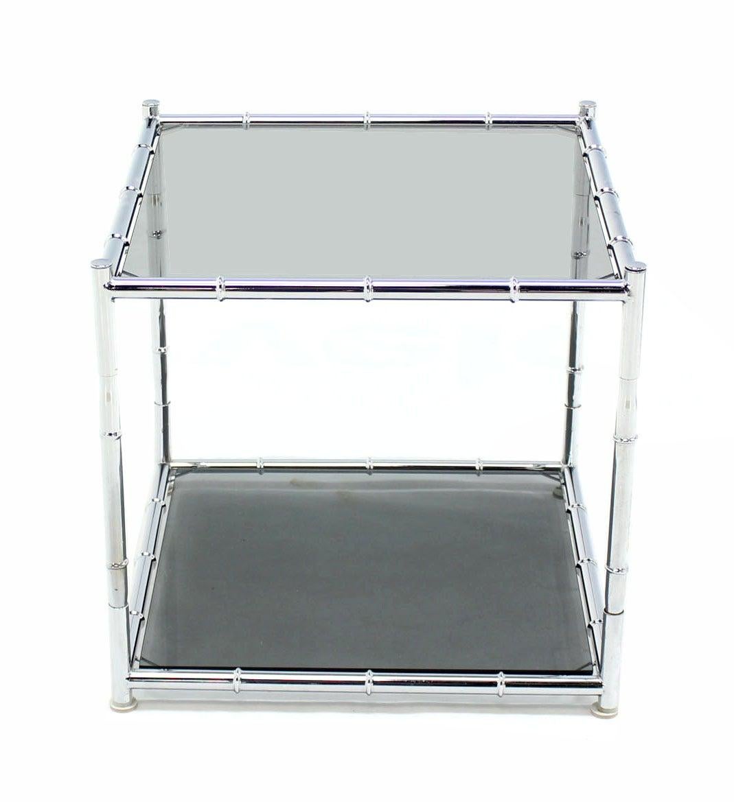 Pair of Cube Shape Chrome Faux Bamboo Frame End Tables Smoked Glass Top MINT!