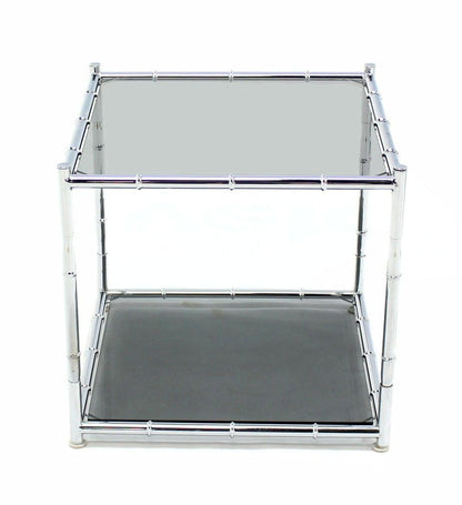 Pair of Cube Shape Chrome Faux Bamboo Frame End Tables Smoked Glass Top MINT!
