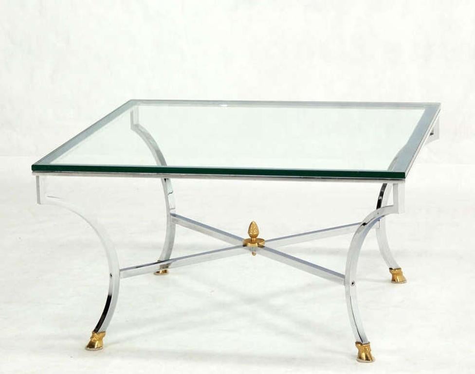 EstablishedLines Hoof Brass Feet Chrome X Shape Base 3/4" Glass Square Coffee Table Clean