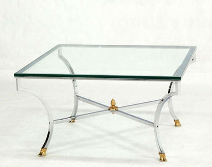 EstablishedLines Hoof Brass Feet Chrome X Shape Base 3/4" Glass Square Coffee Table Clean