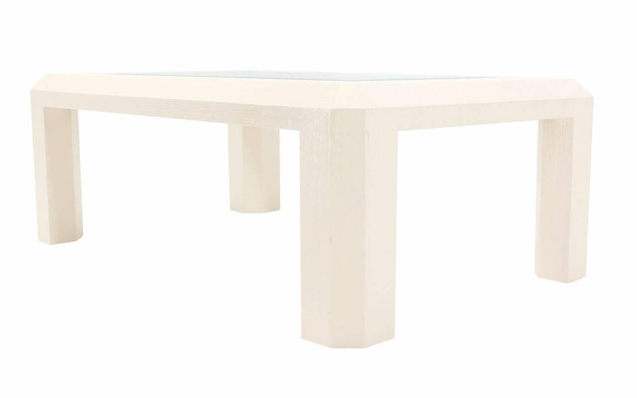 EstablishedLines Beige Lacquered Textured Grass Cloth Rafia Rectangular Glass Top Coffee Table