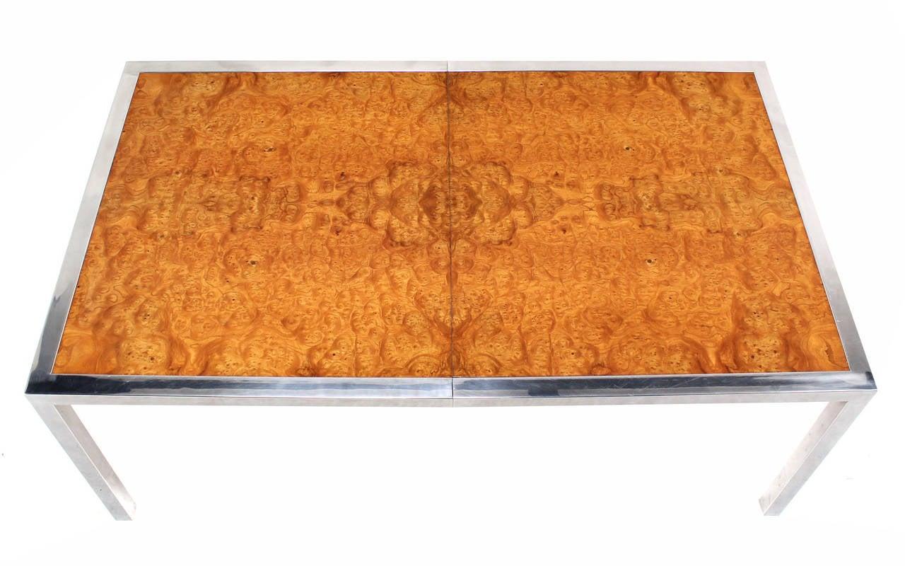 EstablishedLines Stainless Steel Chrome Base Amber Burl Wood Dining Conference Table Two Leaves