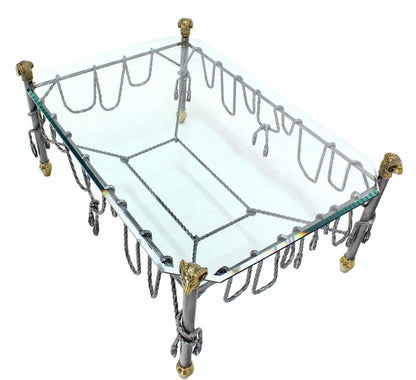 Ornate Wrought Iron Brass Ram Head Motive Glass Top Rectangle Coffee Table Mint