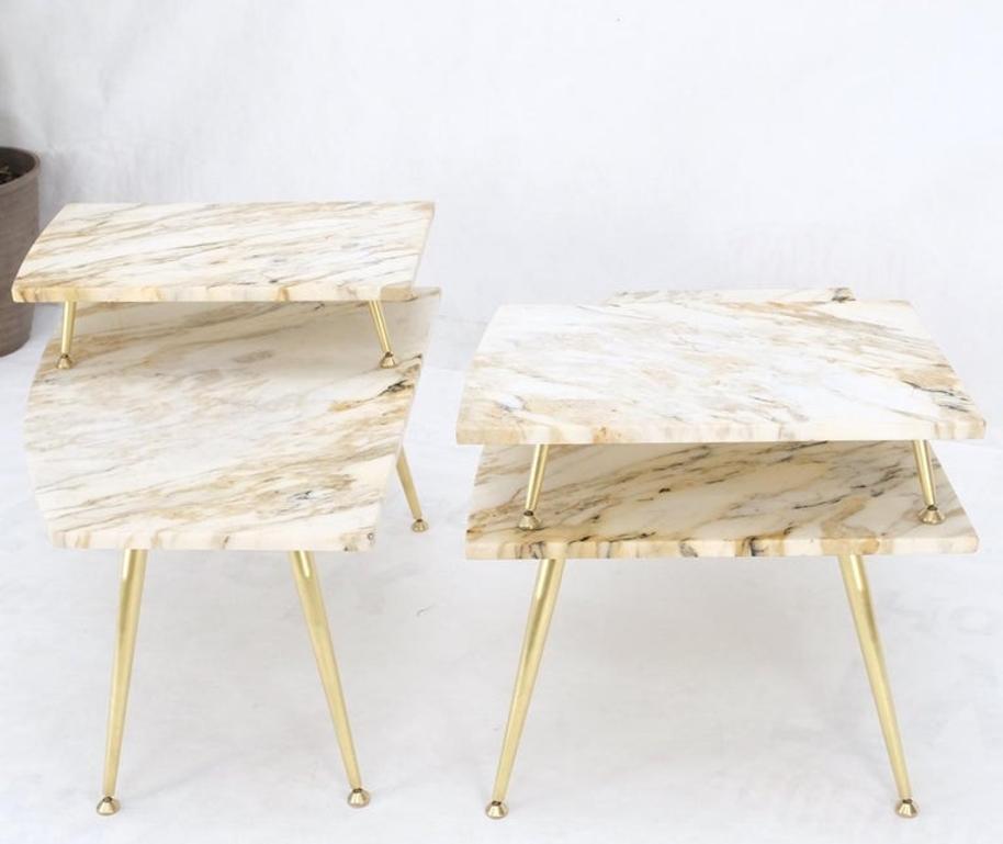 Pair of Asymmetrical Wedge Two Tier Marble Top Tapered Brass Legs Side End Table