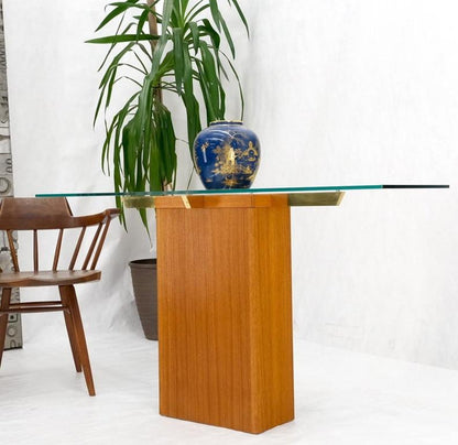 Danish Mid-Century Modern Teak Brass Glass Top Pedestal Base Console Sofa Table