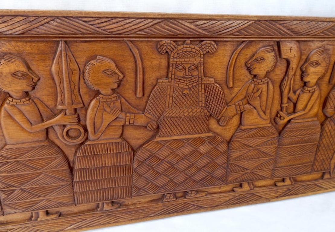 Carved Solid Teak Long Rectangle Wall Plaque Relief Sculpture Depicting Villager